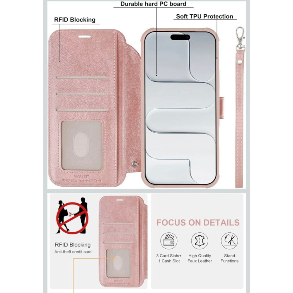 VANAVAGY Pink iPhone Air Wallet Case for Magsafe Wireless Charging One Size - Picture 3 of 6